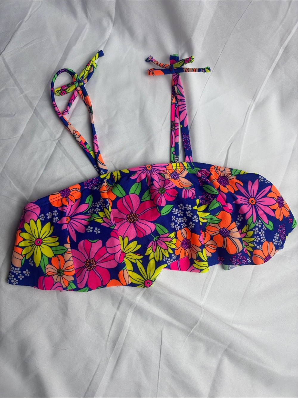 NWOT Girls Neon Floral Ruffle Bikini Top. Cat & Jack. Bright Multicolor. Sz M(8)